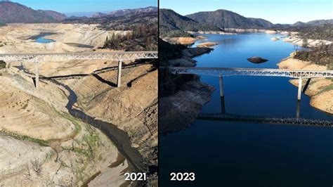 Dramatic before-and-after imagery shows how storms filled California reservoirs